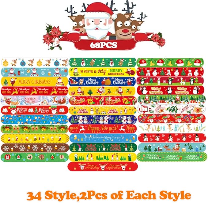 68Pcs Christmas Slap Bracelets for Kids, for Kids Boys Girls Christmas Party Favors Stocking Stuffers.