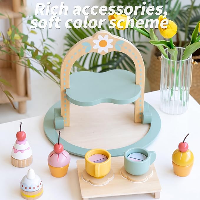 Garden Series Cake Toy Tea Party Set Desserts Food Toy with Cupcake Stand, Kids Pretend Play Kitchen Accessories, Wooden Play Food Set Toy Baking Gift for 3 4 5 Years Old Girls Boys