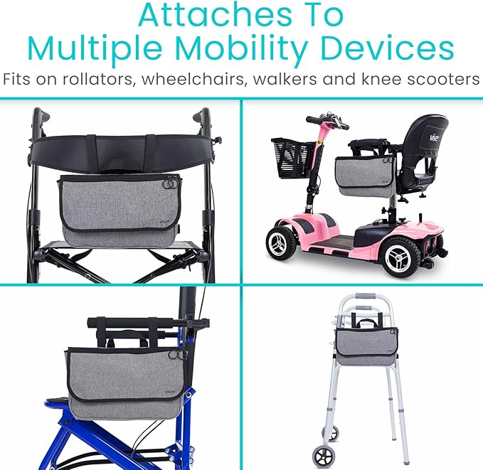 Vive Wheelchair Carry Bag - Arm Rest Pouch for Rollator, Walkers, Power Wheel Chairs and Knee Scooters - Side Storage Organizer for Elderly, Seniors, Adults (Gray)