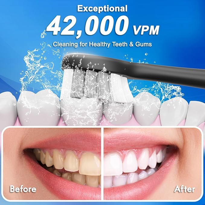 Electric Toothbrush for Adults and Kids, Comes with 10 Brush Heads & Travel Case, 5 Modes with 2 Minutes Built in Smart Timer, One Charge for 90 Days, 42,000 VPM Motor