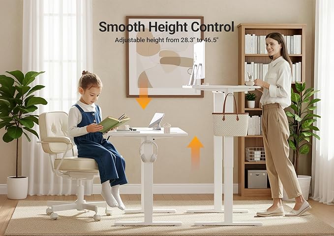 Seang Electric Height Adjustable Standing Desk, 40 x 24 Inch Sit-Stand Workstation with T-Style Frame, 3 Memory Height Options & Built-in Cable Management for Home Office, White Frame/White Top
