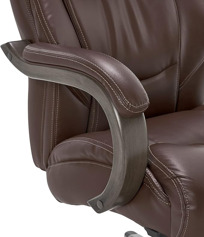 La-Z-Boy Delano Big & Tall Executive Office Chair | High Back Ergonomic Lumbar Support, Bonded Leather, Brown with Weathered Gray Wood |