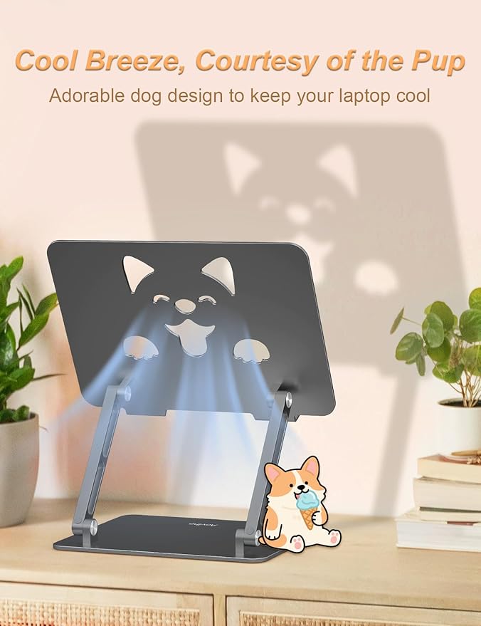 Aluminum Laptop Stand for Desk, Height-Adjustable Riser, Sturdy Ergonomic Holder with Puppy Shaped Vents for Heat Dissipation, Fits 10"-17.3" MacBook Air/Pro, Dell, HP, Lenovo, Gray