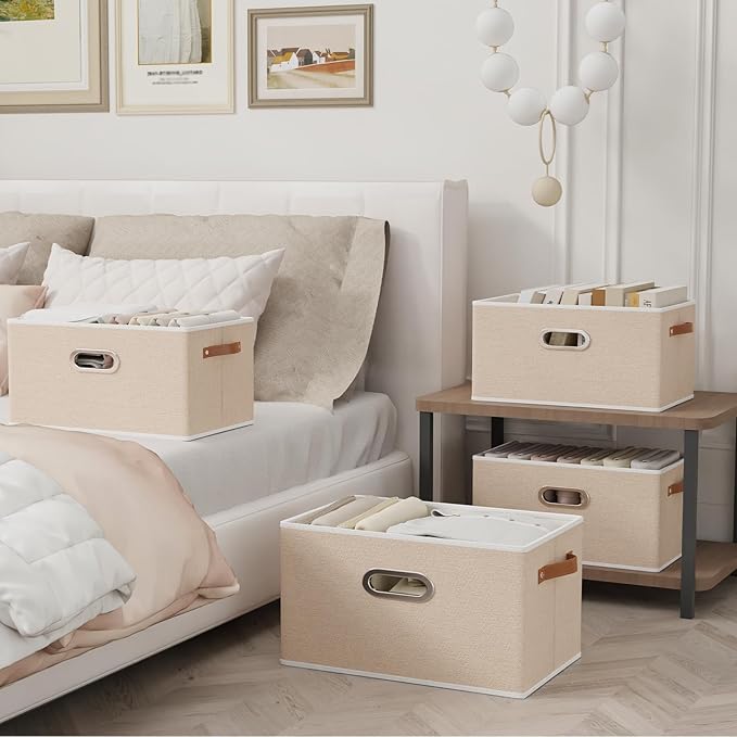 Yawinhe Fabric Storage Bins with Handles, Foldable Baskets for Shelves, Cubes with 3 Handles, Large Boxes for Clothes, Beige, 16.9''Lx11.8''Wx10.2''H, 6-Pack