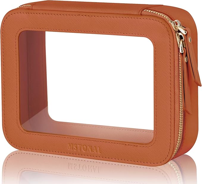 MSTONAL Clear Makeup Bag, Travel Toiletry Bag Cosmetic Case for Women, Waterproof Portable Make Up Skincare Pouch with Zipper, Compact Car Organizer Bag for Essentials, Medium Size, Brown