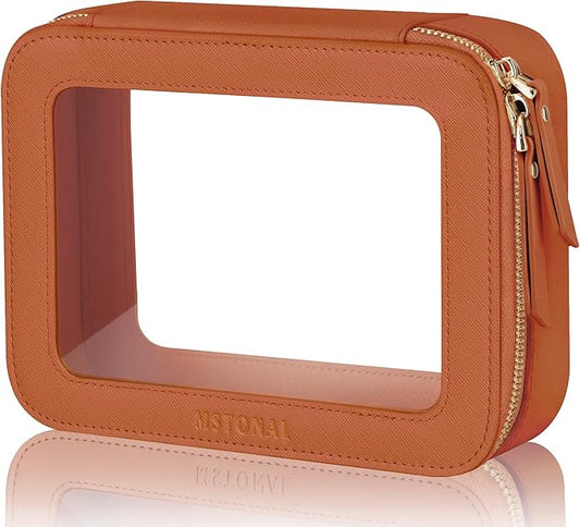 MSTONAL Clear Makeup Bag, Travel Toiletry Bag Cosmetic Case for Women, Waterproof Portable Make Up Skincare Pouch with Zipper, Compact Car Organizer Bag for Essentials, Medium Size, Brown