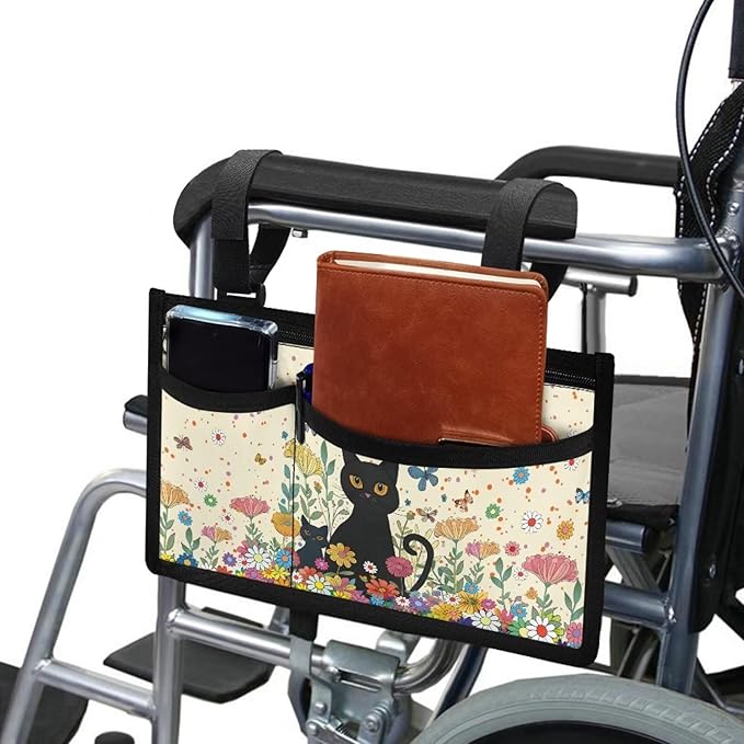 ZOUTAIRONG Wheelchair Bag wiht Cup Holder for Adults Walker Bags and Pouches Wheelchair Bags to Hang on Side Power, Black Cats Flowers