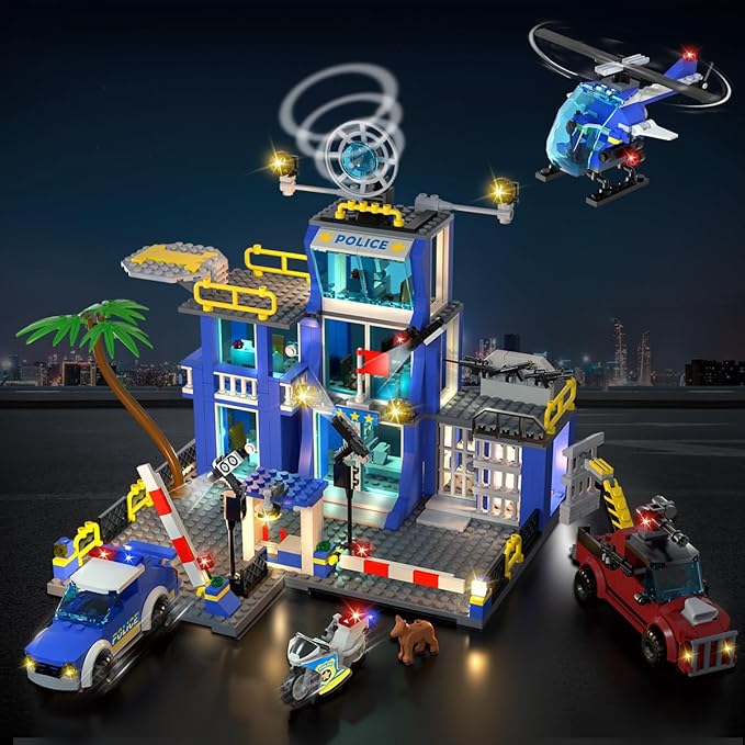 HOGOKIDS City Police Station Building Toys with LED Light - 734pcs Police Building Block Sets with Helicopter Police Motorcycle Vehicle Armored Car, Police Playset Gift for Kids Boys Girls Age 8-12+
