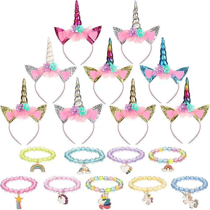 Jexine 18 Piece Unicorn Party Favors Include 9 Unicorn Headbands and 9 Unicorn Rainbow Beaded Bracelets Unicorn Horn Flower Headband for Girls Teen Birthday Back to School Gifts