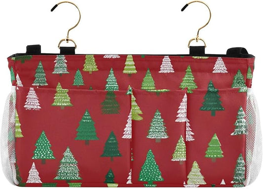 Christmas Trees White Green Bedside Caddy for Dorm Bed Bedside Hanging Caddy Bag Iron Frame Storage Organizer Pocket for Bunk Home College Hospital Beds 2 Hooks