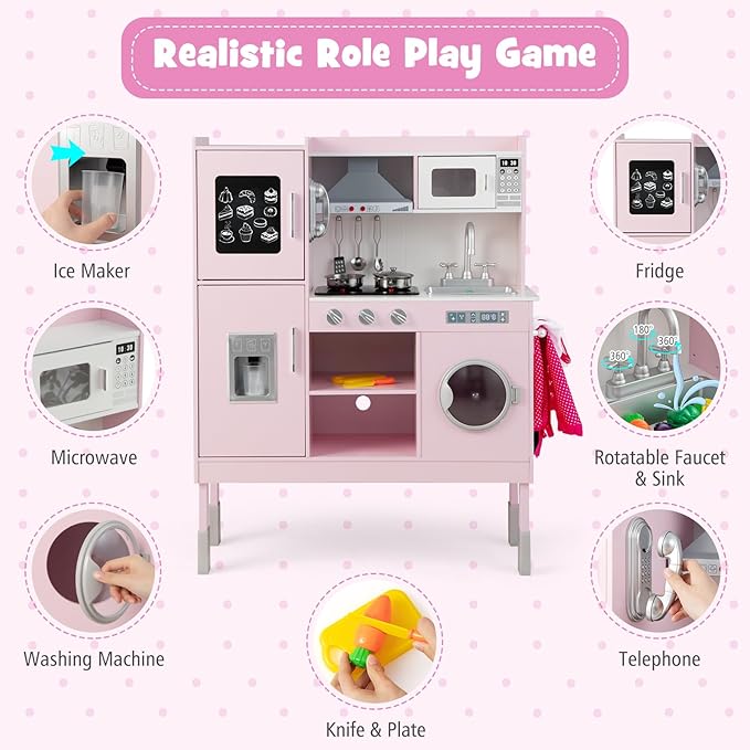 KOTEK Play Kitchen with Lights and Sounds, Wooden Toddler Kitchen Playset with Ice Maker, Washing Machine, Range Hood, 16 Pcs Toy Food & Cookware, Gift Chef Pretend Kitchen Set for Kids (Pink)