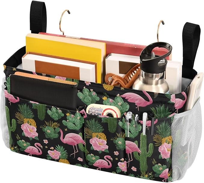 Black Flamingo and Cactus Pineapple Flower Tropical02 Bedside Caddy for Dorm Bed Bedside Hanging Caddy Bag Iron Frame Storage Organizer Pocket for Bunk Home College Hospital Beds 2 Hooks