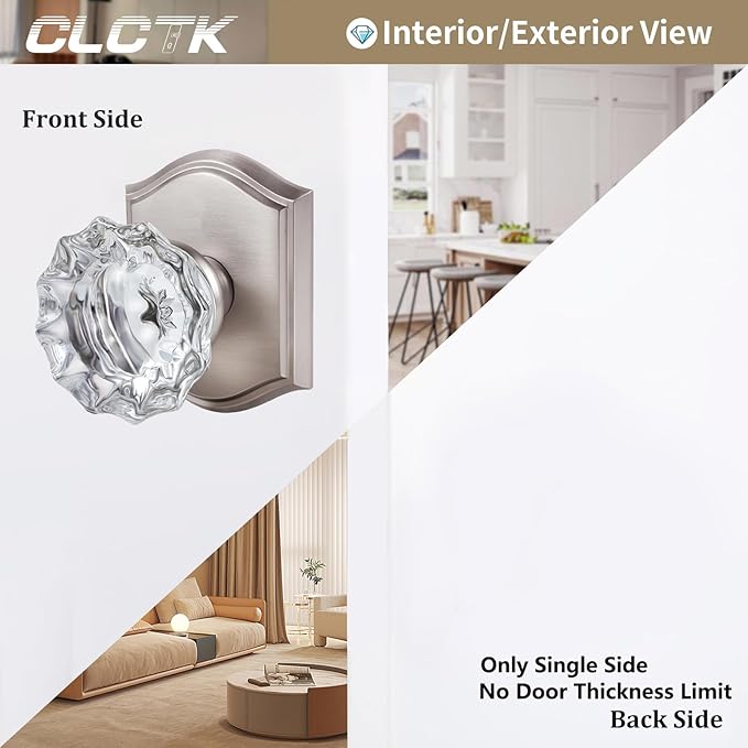 CLCTK 4 Pack Glass Dummy Door Knob, Single Side Dummy Door Knob Set, Brushed Nickel