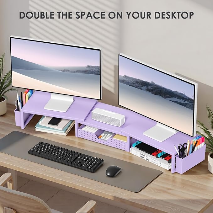 OPNICE Purple Desk Organizers and Accessories, Dual Computer Monitor Stand Riser with Drawer and 2 Pen Holders, Office Desk Accessories, Workspace Desktop Organization for Office Supplies