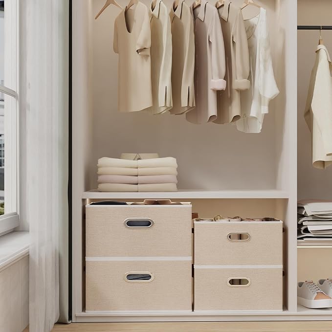 Yawinhe Fabric Storage Bins with Handles, Foldable Baskets for Shelves, Cubes with 3 Handles, Large Boxes for Clothes, Beige, 16.9''Lx11.8''Wx10.2''H, 4-Pack