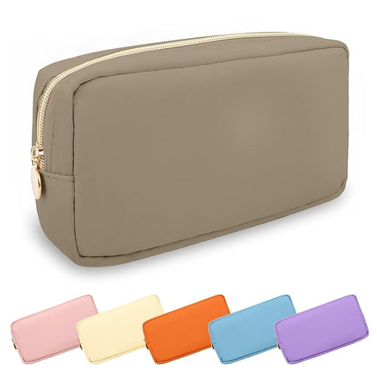 UIXIZQ Small Makeup Bag Pouch for Purse, Nylon Travel Toiletry Storage Bag Cute Preppy Cosmetic Bag for Women Girls, Waterproof Makeup Organizer Bag Pouch Skincare Bag Purse with Zipper (Small-Khaki)