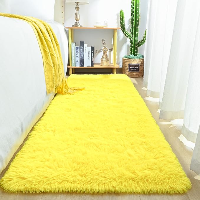 Keeko Runner Rugs for Bedroom Girls Room, 2x6 Fluffy Bedside Kids Room Rug Shag Cute Indoor Baby Rugs Fuzzy Modern Area Carpet for Teen Kid Girl Child Nursery Living Room Dorm Decor Yellow