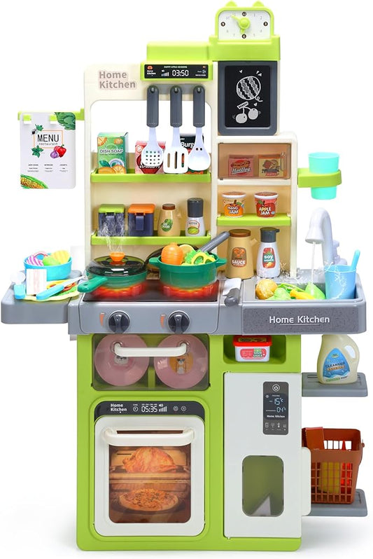 HOLYFUN Kids Kitchen Playset, Pretend Play Kitchen with Sounds and Lights, Cooking Stove Steam,Play Sink and Play Food,Toy Kitchen Set for Kids Toddlers, Green
