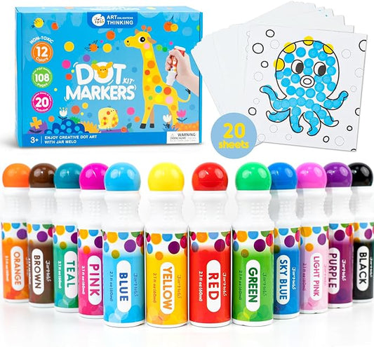 Jar Melo Washable Dot Markers for Toddlers 1-3, 12 Colors Dot Paints with 108 PDF & 20 Physical Activity Papers, Non-Toxic Bingo Daubers for Toddlers 2-4, Kids Arts and Crafts Supplies