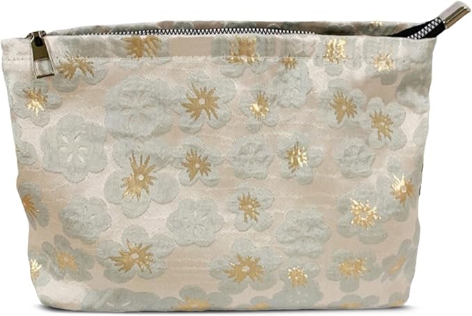 HAPPYHEIDI Aesthetic Floral Makeup Bag Cosmetic Travel Zipper Pouch,Purse Make Up Organizer, Textured Fabric,Canvas Lined,Beige Golden,Large