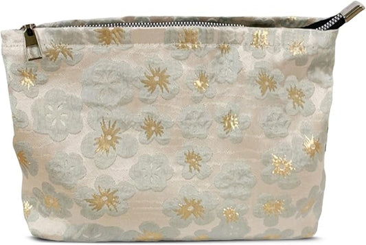 HAPPYHEIDI Aesthetic Floral Makeup Bag Cosmetic Travel Zipper Pouch,Purse Make Up Organizer, Textured Fabric,Canvas Lined,Beige Golden,Large