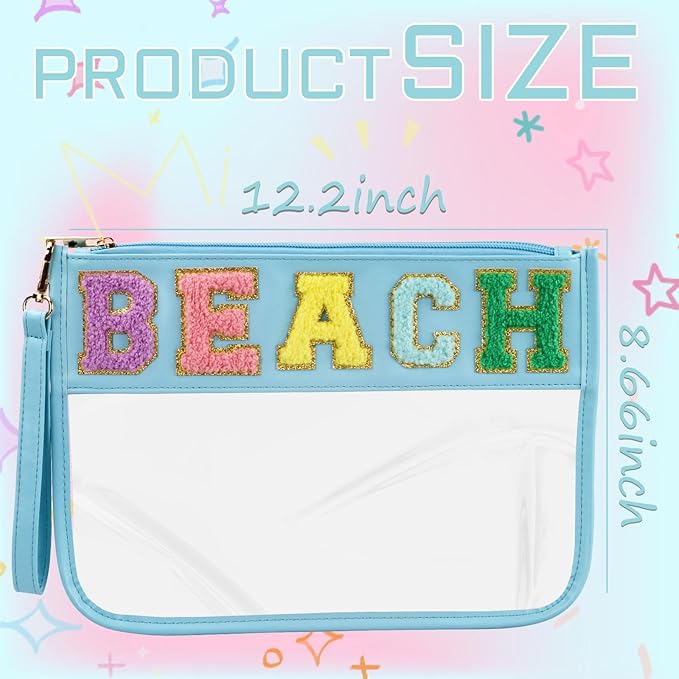 BuyCard Chenille Letter Bag, Clear Beach Purse, Clear Cosmetic Zipper Pouch for Travel, Portable Water-proof Preppy Makeup Toiletry Flat With Zipper, Organizer for Women Girls Blue