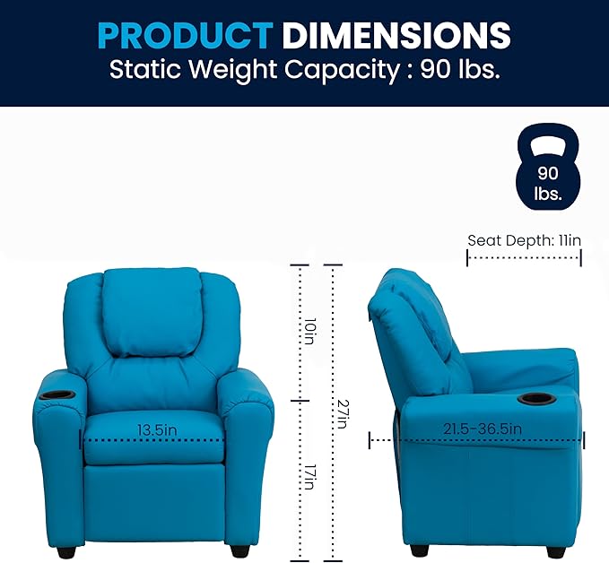 Flash Furniture Vana Vinyl Kids Recliner with Cup Holder, Headrest, and Safety Recline, Contemporary Reclining Chair for Kids, Supports up to 90 lbs., Turquoise