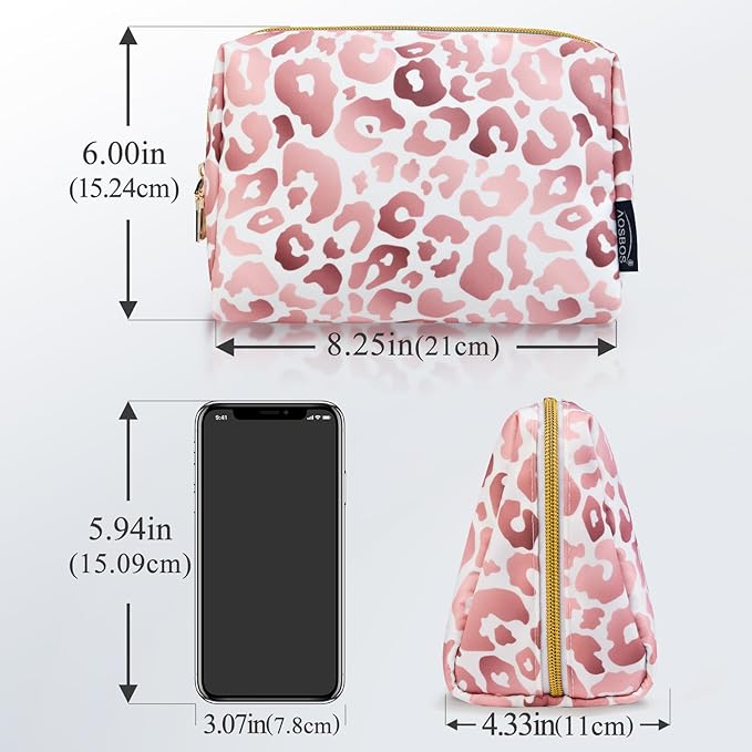 Aosbos Small Travel Makeup Pouch - Pink Leopard Print Cosmetic Case for Women