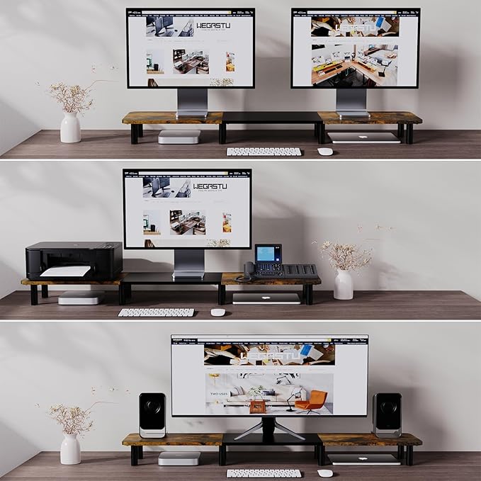 WEGASTU 43.7" Extra Long Dual Monitor Stand Riser, Wood & Steel Monitor Stand for 2 Monitors, Wide TV Stand, Desktop Riser for Desk Organization, Home Office、Laptop,Printer,TV (Vintage black)