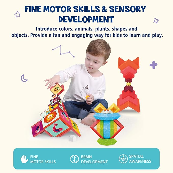 VATOS Montessori Toys Stacking Toys 3-in-1 Set for Toddlers and Kids, 49Pcs Building Blocks Preschool Sensory Toys STEM Toy for 1 2 3 4 5 6+ Years Old Baby Boys and Girls