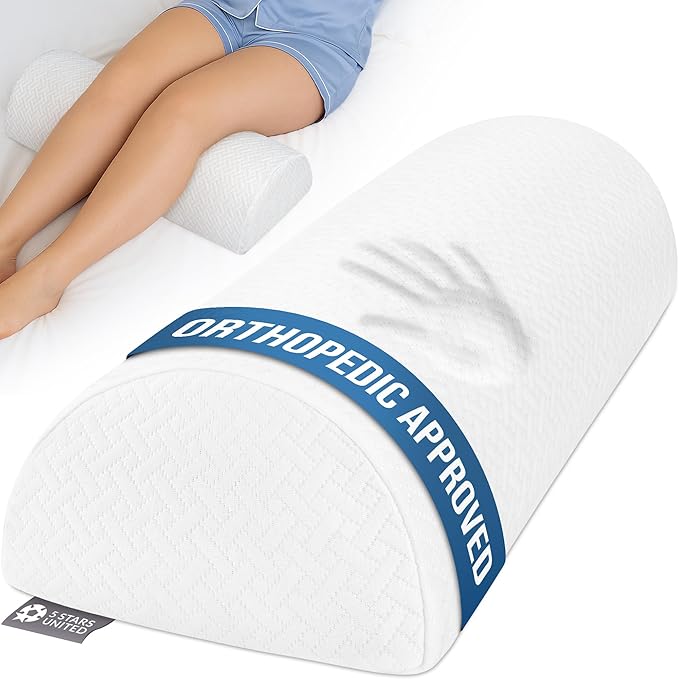 5 STARS UNITED Knee Pillow for Back Sleeping – Memory Foam Cushion for Sciatica Pain Relief – Under Leg Support for Sleeping on Back – Large Half Moon Bolster for Bed, White