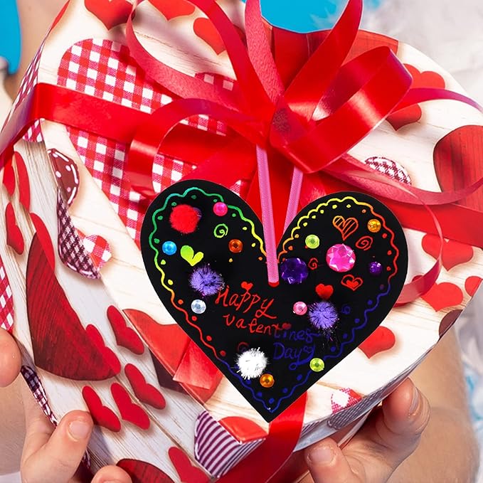 27 Sets Magic Color Scratch Paper Heart Ornaments Bookmarks Valentine Craft Kits Scratch Paper Heart Cutouts Pom-poms Googly Eyes for Kids Activity Art Project Valentine Party Favor Tree Decoration