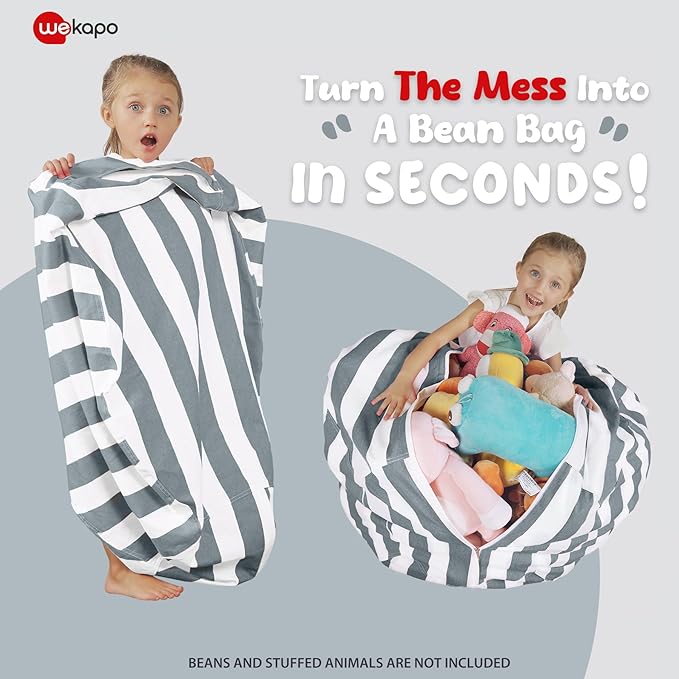 WEKAPO Stuffed Animal Storage Bean Bag Chair Cover for Kids | Stuffable Zipper Beanbag for Organizing Children Plush Toys Large Premium Cotton Canvas (Gray, X-Large)