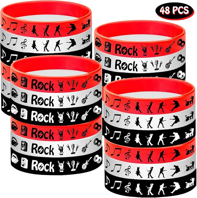 48PCS Rock and Roll Rubber Bracelets Silicones Wristbands -80s 90s Themed Musician Guitar Rap Party Supplies Decorations Birthday Baby Shower Party Favors