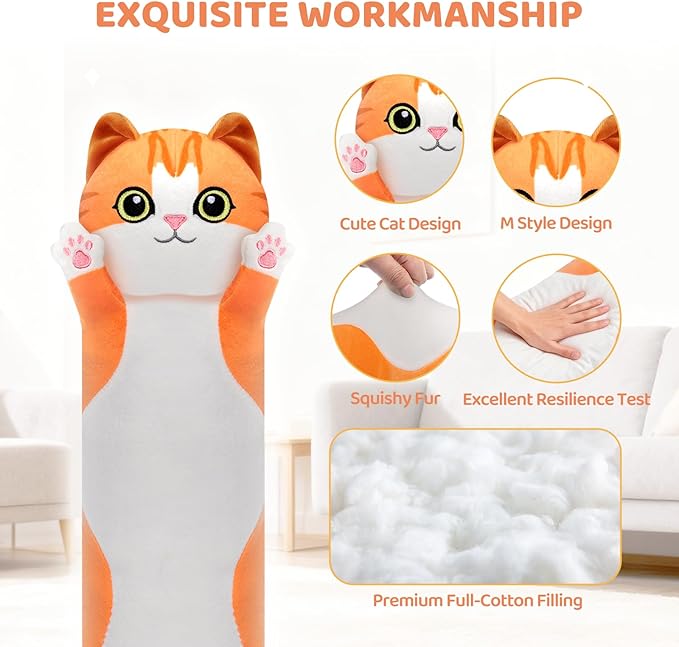 Mewaii Artist-Designed Ultra Soft Long Cat Plush Body Pillow, Extra Stuffing for Comfort, Premium Quality Stuffed Animal Gift for Girlfriend or Cat Lovers (Orange M-Marked Body Pillow 20 Inch)