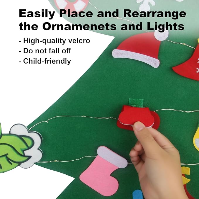 4.5ft Felt Christmas Tree for Toddlers with LED Light & 37pcs Ornaments, Velcro Montessori DIY Xmas Decorations - 4.5 Feet