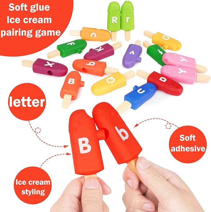 Toddler Alphabet Letters Matching Learning Toys，26 PCS Double - Sided ABC Letters Popsicle Toy Alphabet Match Game Color Sorting Recognition Fine Motor Skills Preschool Montessori Toys for Kids