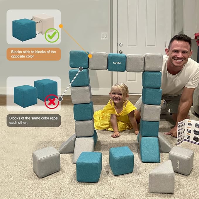 Magnetic Soft Building Blocks for Kids, Magnetic Blocks, Big Blocks, Educational Toys, Incredibly Fun Building Block for Children (Blue+Gray)