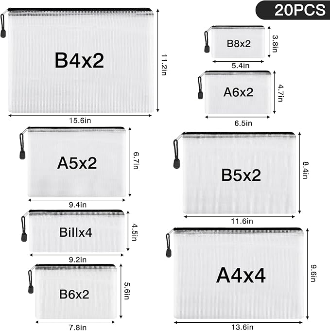 EOOUT 20pcs Mesh Zipper Pouch Bags 8 Size Water Resistant Zipper Bags Plastic Clear Storage Bags for Travel Office Home School Supplies and Board Game Organize