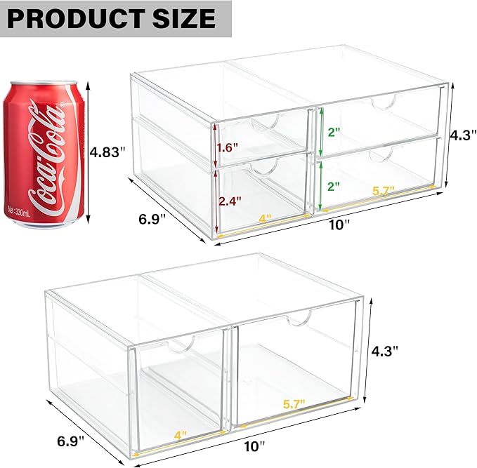 Prsildan Acrylic Drawer Makeup Organizer with 6 Drawers (Not for Baby Bottle), Set of 2 Office Desk Organizers Accessories, Clear Stackable Storage Drawers for Vanity, Craft (Largest Drawer 4" Tall)