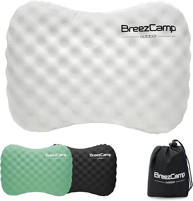 BreezCamp Camping Pillow with Soft Cover, Lightweight Inflatable Pillow for Neck Lumbar Support,Upgrade Backpacking Pillow,Washable Travel Air Pillows for Hiking, Backpacking, Airplane, Beach, White