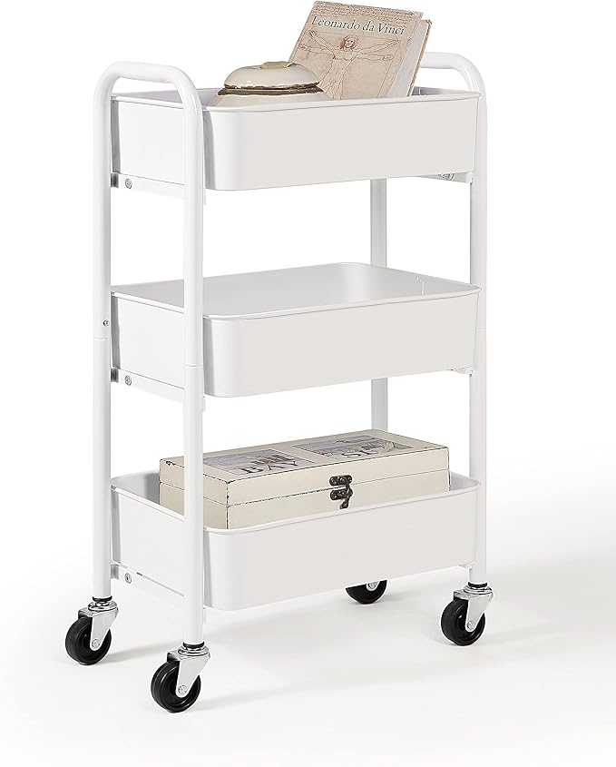 SunnyPoint 3-Tier Delicate Compact Rolling Metal Storage Organizer - Mobile Utility Cart Kitchen/Under Desk Cart with Caster Wheels - WHT (15.35" X 10.24" X 26.8"H)