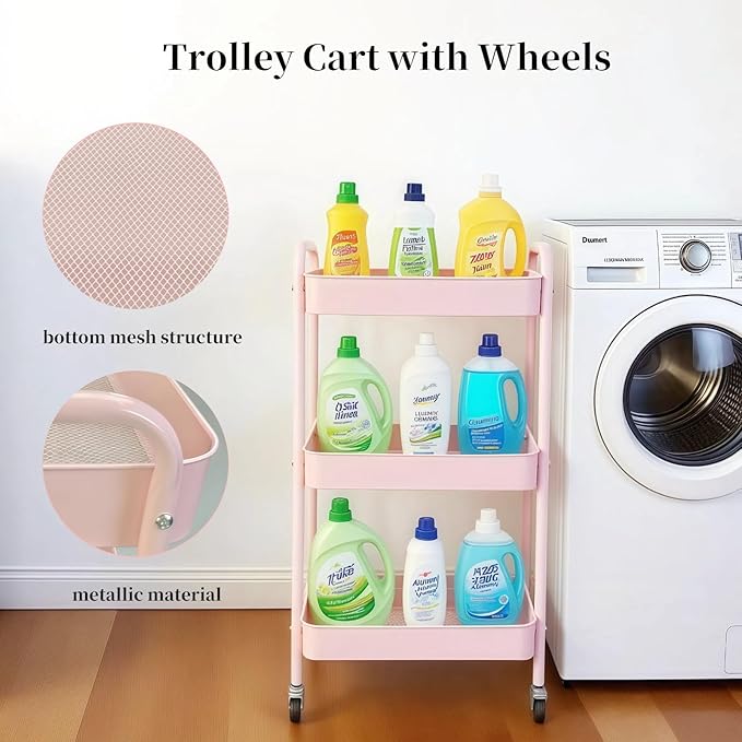 LIWNYRK 3 Tier Pink Rolling Cart for Nursery & Laundry Room with Handle & 4 Hooks, Metal Kitchen Storage Cart on Wheels and Lockable Casters, Large Capacity Sturdy Trolley for Lash Craft Bathroom