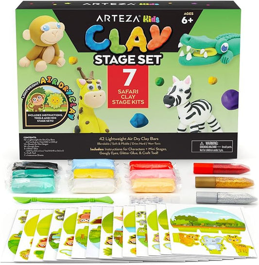 Arteza Kids Air Dry Clay, 42 Bars, Safari Stage Modeling Clay Kit, 14 Mini-Stages, 14 Googly Eyes, 3 Glitter Glues, 1 Craft Tool, 7 Instruction Sheets, Craft Supplies for Learning and Developing