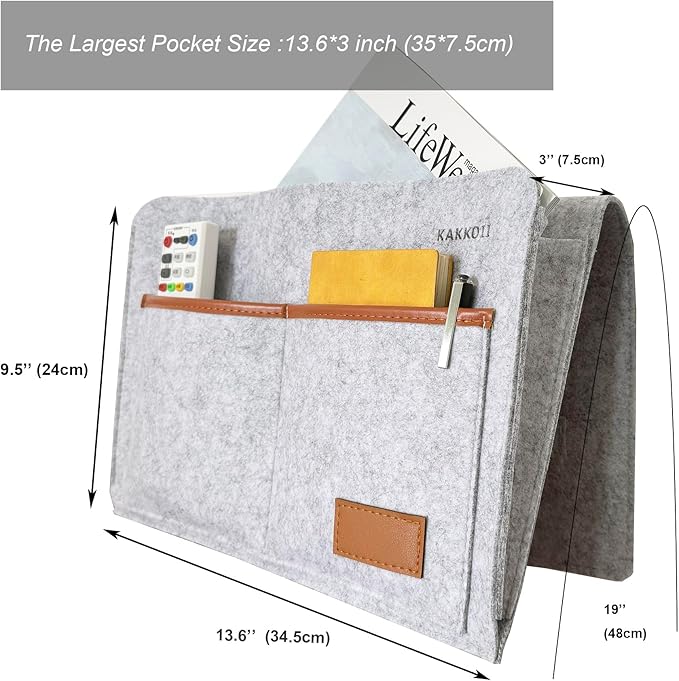 Bedside Caddy, Sofa Caddy, Storage Organizer Pocket for Dorm, Bedroom, 5 Pockets Felt Organizer for Magazine, Remote, Phone, Tablet, Pad, Glasses, Pen, Remote Control (Light Grey-Short)