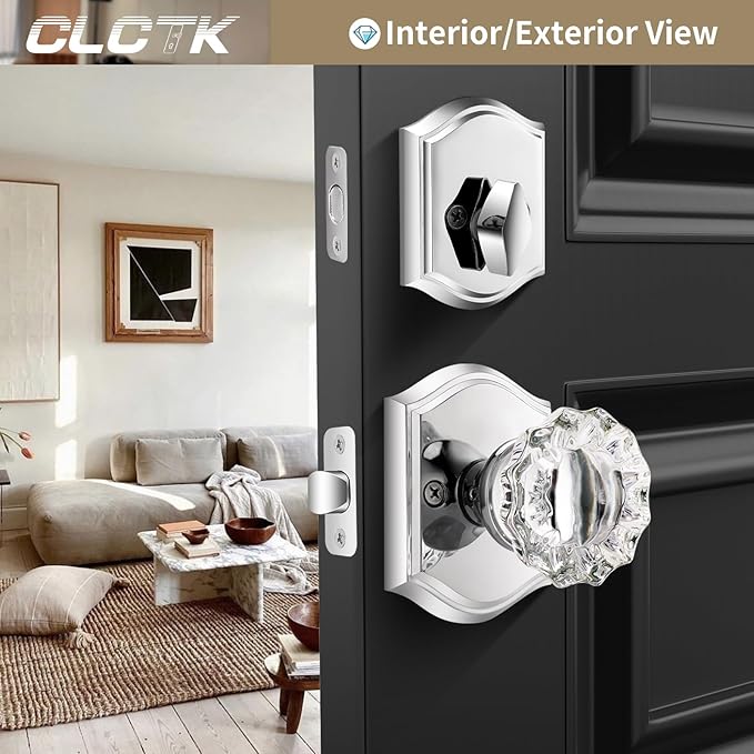 Crystal Glass Passage Door Knob and Single Cylinder Deadbolt Combo Set, Polished Chrome Finish