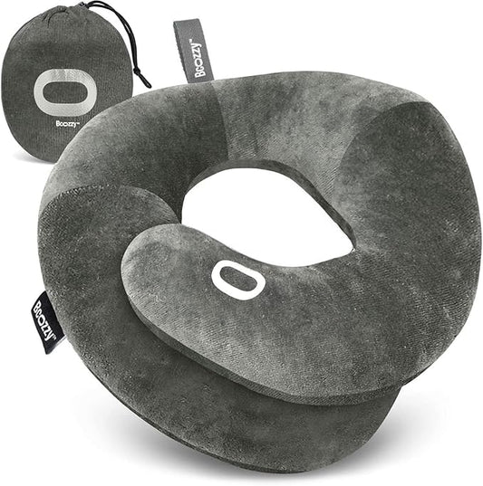 BCOZZY Organic Cotton Double Support Neck Pillow for Travel - 3 Ergonomic Positions for Head, Neck, and Chin Comfort - Ideal for Sleeping Upright on Flights, Cars, and at Home – Large, Gray