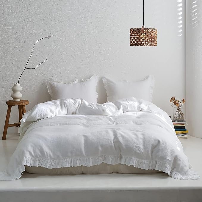 Simple&Opulence 100% Linen Duvet Cover Set, Natural French Flax White Ruffle Duvet Cover Twin Size, Breathable Comfy Linen Bedding Comforter Cover with 1 Pillowcase (White, 68" x 86")
