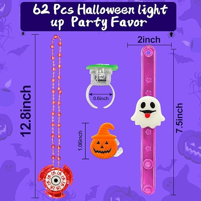 62 Pcs Halloween Party Favors for Kids Rotating Fidget Spin Light up Necklaces LED Bracelets Flash Rings Halloween Toys Glow in The Dark Halloween Party Supplies Gift Halloween Treat Goodie Bag Filler