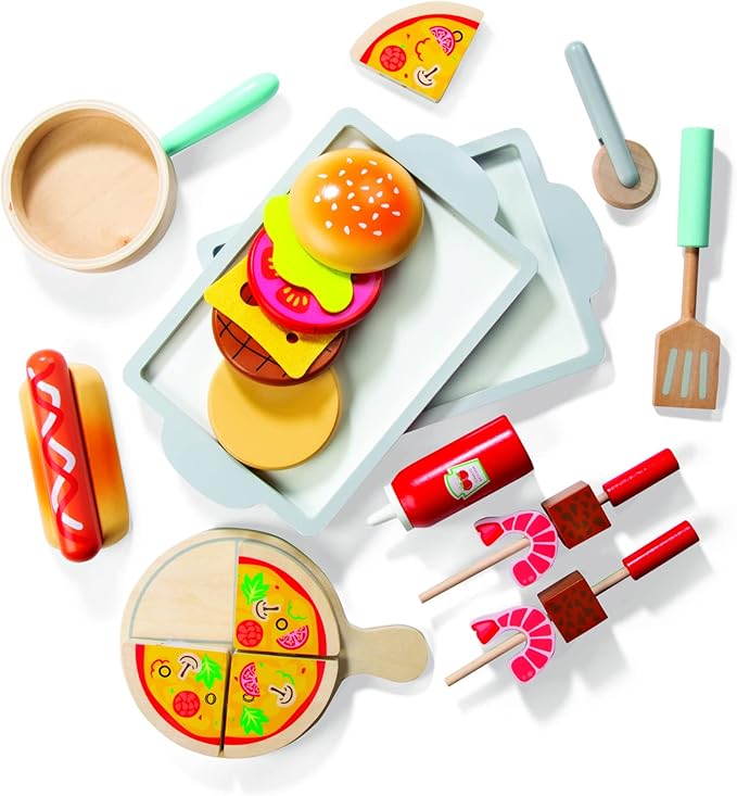 Food Truck Wooden Playset- 20 Fun Toy Pieces Including Cook Top, Steering Wheel, Sticker Sheet for Kids Name - Includes Food Tray, Pizza Slices & More, Dual Sided Play Stand for Indoor Fun Activity